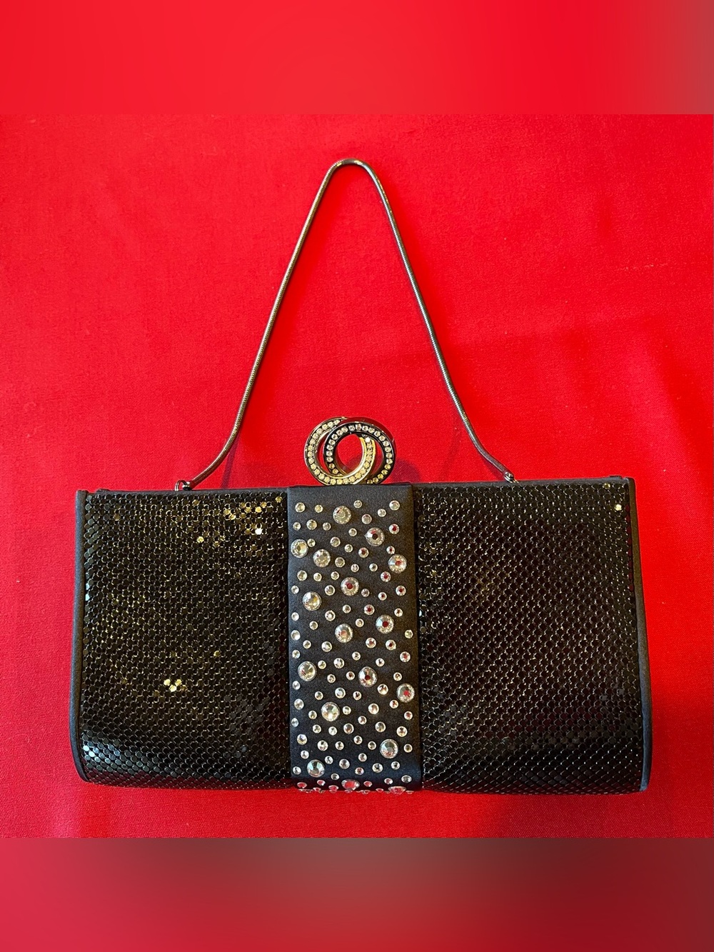 Whiting Davis Black Mesh Evening Clutch with Crystal Accent